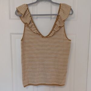 Madewell Sz XL, Dark Tan & White Striped, Sleeveless Ruffle Tank Top. NWOT